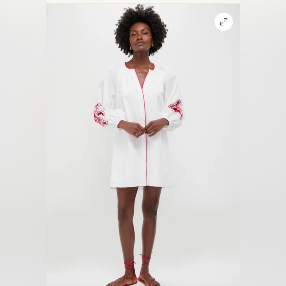 White Mini Dress with Pink Trim and Sleeve Embroidery